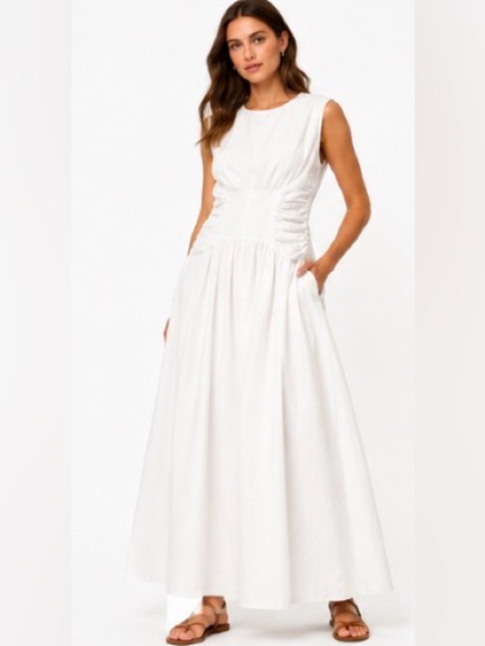 COMMENSE NWT White Ruched Waist Cotton Maxi Dress Pockets XL